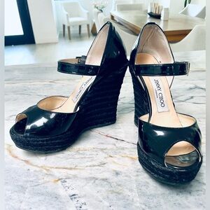 Jimmy Choo black patent Mary Jane espadrille wedges - size 36- vintage